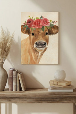 B&Q -  Flowered Cow I Wood Art Print Plywood Wall Art