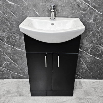 B&Q -  Black Vanity Unit 550mm With Ceramic Basin Bathroom Sink Chrome Handles