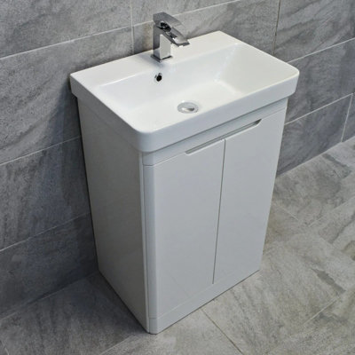 B&Q -  Vanity Basin Unit 550mm White Gloss 2 Door Bathroom Sink Storage Modern Ross