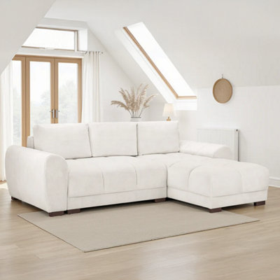 Furnishings For Less UK Zura Cream Plush Velvet Large 3 Seater L Shaped Universal Corner Sofa Bed  Wooden Legs from B&Q