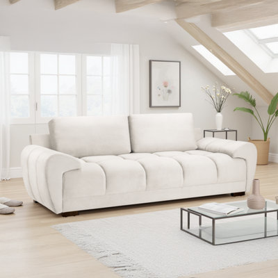 Furnishings For Less UK Zura Cream Plush Velvet Large 3 Seater Sofa Pillow Back Wooden Legs from B&Q