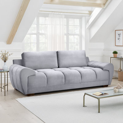 Furnishings For Less UK Zura Grey Plush Velvet Large 3 Seater Sofa Pillow Back Wooden Legs from B&Q