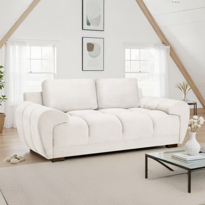 Furnishings For Less UK Zura Cream Plush Fabric Large 2 Seater Sofa Pillow Back Wooden Legs from B&Q