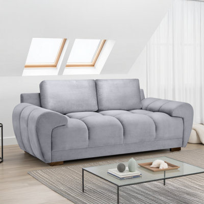 Furnishings For Less UK Zura Grey Plush Fabric Large 2 Seater Sofa Pillow Back Wooden Legs from B&Q