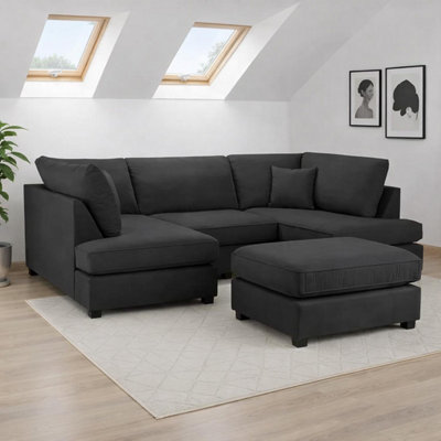 Furnishings For Less UK California Classic Fabric Black U Shaped 6 Seater Sofa + Footstool from B&Q