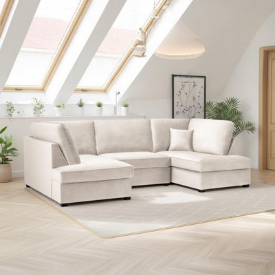 Furnishings For Less UK California Plush Velvet Beige U Shaped 6 Seater Sofa + Footstool from B&Q
