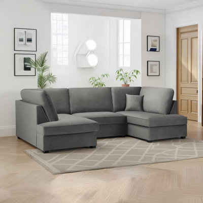 Furnishings For Less UK California Plush Velvet Grey U Shaped 6 Seater Sofa + Footstool from B&Q