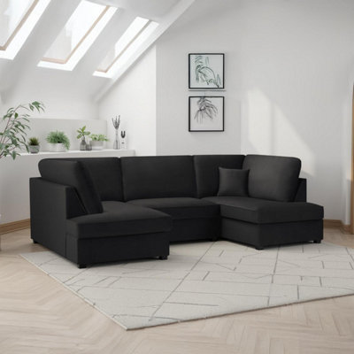 Furnishings For Less UK California Plush Velvet Black U Shaped 6 Seater Sofa + Footstool from B&Q