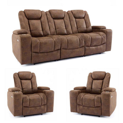 Furnishings For Less UK Juniper Electric Recliner 3+1+1 Sofa Set With Usb Cup Holders Brown from B&Q