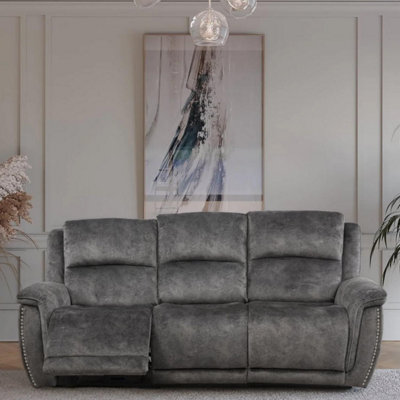 Furnishings For Less UK Mendoza Grey Plush Velvet Electric Reclining 3 Seater Sofa Usb Charging from B&Q