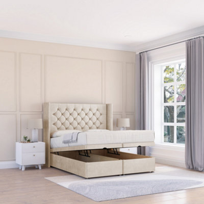 Sloomy Dior Cream Plush 5Ft Ottoman Bed End Opening With Sprung Memory Mattress & 54" Headboard-King
