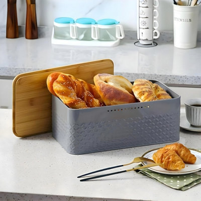 B&Q -  Grey Countertop Metal Bread Box Container With Bamboo Lid