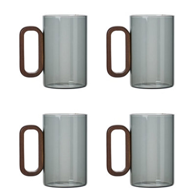 Living And Home 4Pcs 360Ml Smoked Grey Borosilicate Glass Mugs Tea Cups With Wooden Handle from B&Q
