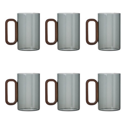 Living And Home 6Pcs 360Ml Smoked Grey Borosilicate Glass Mugs Tea Cups With Wooden Handle from B&Q