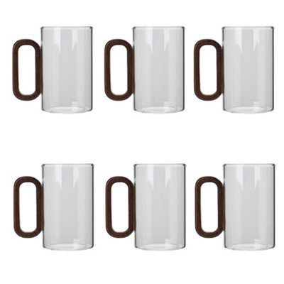 B&Q -  6Pcs 360Ml Transparent Borosilicate Glass Mugs Tea Cups With Wooden Handle