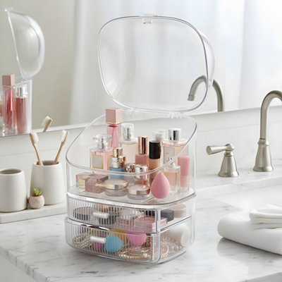 Living And Home Clear 2 Drawers Tabletop Cosmetic Storage Organiser With Flip-Top Lid27.5Cm(W) X 17Cm(D) X 35Cm(H) from B&Q