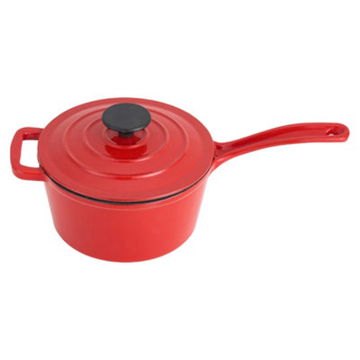 Living And Home 2L Red Round Enameled Cast Iron Saucepan With LidInduction And Open Flame Compatible from B&Q