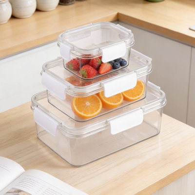 B&Q -  3-Piece Clear Stackable Fridge Food Storage Container Set With Snap-Lock Lids