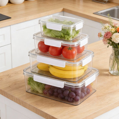 B&Q -  4-Piece Clear Stackable Fridge Food Storage Container Set With Snap-Lock Lids