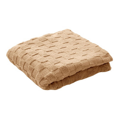 Thehotsale Warm Fluffy Comfortable Coral Fleece Waffle Checkered Reversible Throw Blanket Light Brown 100Cm W X 150Cm D from B&Q