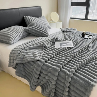 Thehotsale Luxurious Exquisite Flannel Imitation Rabbit Fur Solid Warm Reversible Fluffy Striped Throw Blanket Grey 200Cm W X 180Cm D from B&Q