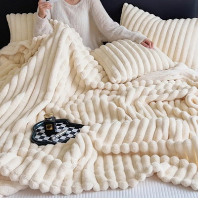 Thehotsale Super Soft And Comfortable Luxurious Flannel Reversible Fluffy Striped Throw Blanket Beige 150Cm W X 100Cm D from B&Q