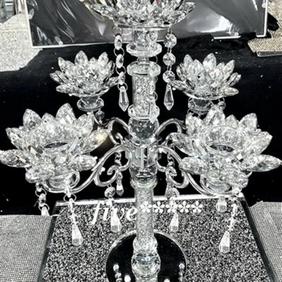 B&Q -  Candle Holder Crushed 5 Flower Diamond Silver Crystals Filled Romany Candelier