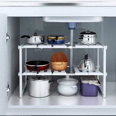 B&Q -  2X Adjustable Extendable Storage Stainless Steel Pp Plastic Kitchen Bathroom Under Sink Rack Shelf Organiser Tidy