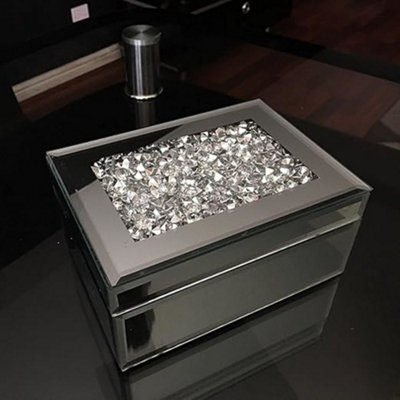 Biznest Glass Silver Mirrored Diamante Crushed Jewels Jewelry Box Mirrored Storage Box from B&Q