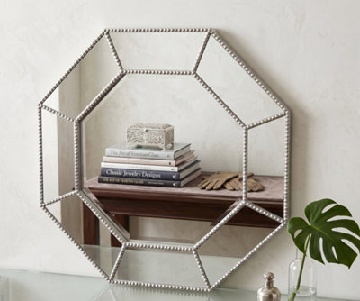 B&Q -  Silver Hexagonal Frame Industrial Style Beaded Glass Wall Mounted Mirror 59Cm