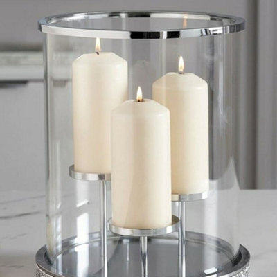 Biznest 3 Pillar Candle Holder Harper Gem Silver Glass Candle Centerpiece Hurricane 32Cm from B&Q