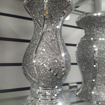 Biznest Silver Vase Statue Sparkle Ornament Bling Crushed Diamond Gift Crushed Mirrored Flower Pot With Floral Design 30 Cm from B&Q