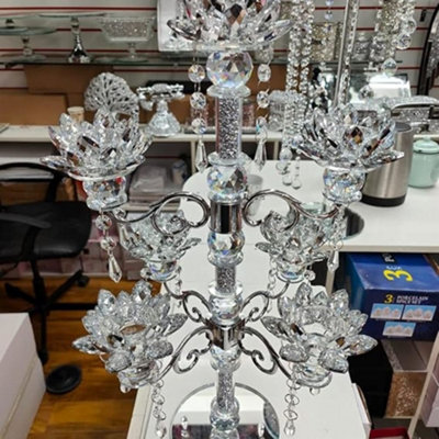 B&Q -  Crushed Diamond Candle Holder Silver Crystals Filled 7 Flower Tier Romany Lotus Sparkle Ornament Bling