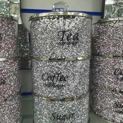 Biznest Stackable Diamond Crushed Tea Coffee Sugar Canisters Jars Round Shaped Kitchen Storage Silver Crystal Filled from B&Q