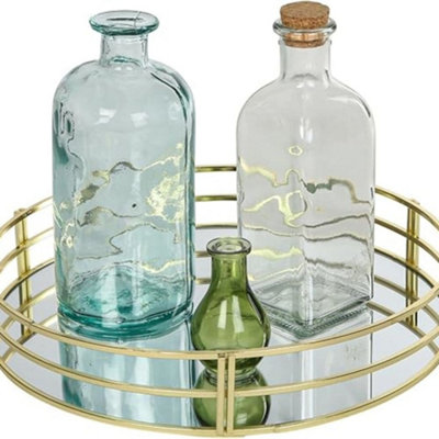 Biznest New Gold Decorative 30Cm Mirror Glass Crystal Vintage Round Metal Drinks Tray Serving from B&Q