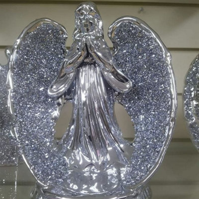 Biznest Crushed Crystal Diamond Silver Angel With Long Wings Ornament Shelf Sitter
