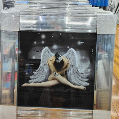 Biznest Modern Liquid Glitter Wall Art With Mirrored Edges 50X50Cm (Sitting Angel With Wings) from B&Q