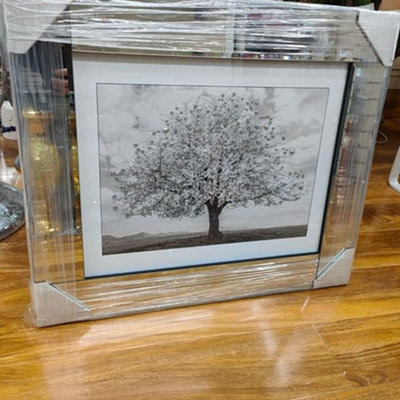 Biznest Modern Liquid Glitter Wall Art With Mirrored Edges 55X55Cm ( Silver Blosssom Tree ) from B&Q