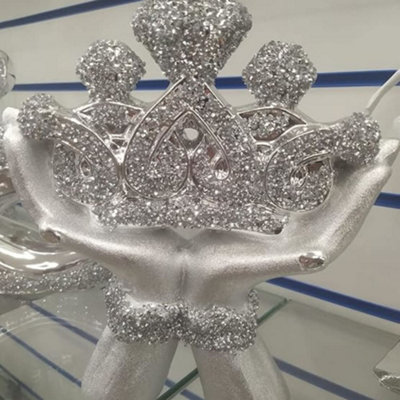 Biznest Crushed Diamond Crystal Silver Crown In Hands Figurine Ornament Home Décor Shelf Décor Table Decoration from B&Q