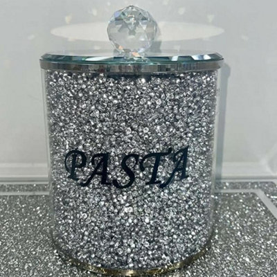 Biznest Crushed Diamond Silver Crystal Pasta Jar With Mirror LidKitchen Sparkly Bling from B&Q