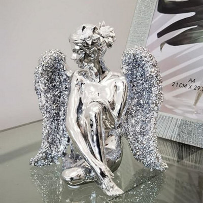 Biznest Butterfly Praying Sitting Angel Silver Sparkle Bling Ornament Crushed Diamond Gift from B&Q
