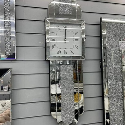 Biznest Grandfather Style Large Wall Clock Sparkly Diamond Crush Crystal Silver Mirrored from B&Q