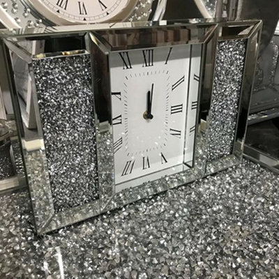 B&Q -  Crushed Jewel Mirror Wall Clock Roman Numbers Diamante Mirror Glass Clock H 27 X W 40 X D 8Cm
