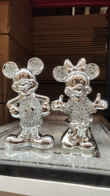 Biznest Stunning Silver Crushed Diamond Set Of Minnie+Micky Mouse Sparkle Ornament Bling Décor from B&Q