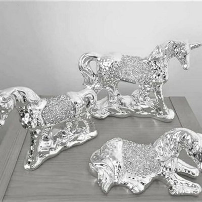 Biznest Xl Set Of 3 Silver Unicorn Sparkle Bling Ornament Crushed Diamond,home Decor Shelf Sitter from B&Q