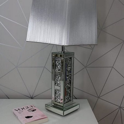 B&Q -  Large Sparkly Crushed Diamond Blocks Style Table Lamp Corner Mirrored Crystal Tall Silver Shade Glitz