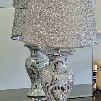 B&Q -  Crushed Diamond Table Lamp Box Mirror Base Mirrored Crystal Tall Silver Shade Glitz