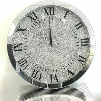 Biznest Large Round 45Cm Sparkly Silver Crushed Diamond Crystal Mirrored Wall Clock from B&Q