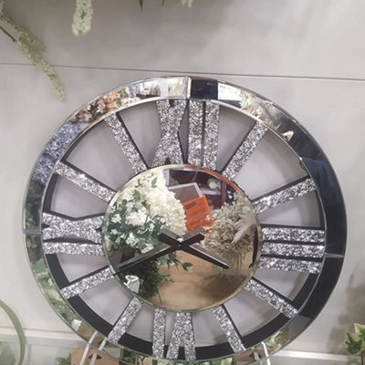 Biznest Large Silver Mirrored Crushed Crystal Round Roman Number Wall Clock 40X40Cm from B&Q