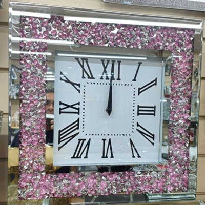 Biznest 40X40Cm Pink Silver Crystal Crushed Diamond Mirror Jewel Roman Wall Clock Loose Diamante Wall Mount from B&Q